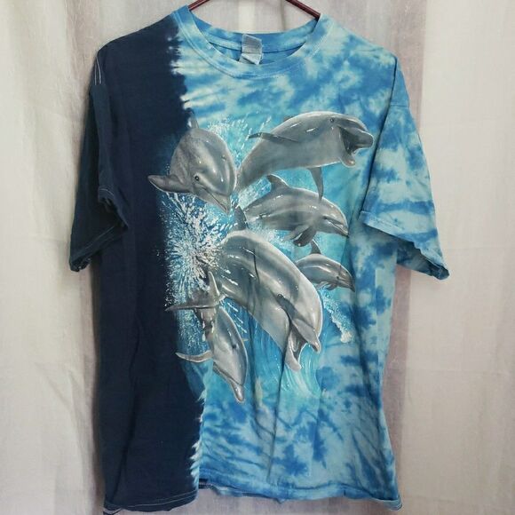 Animal Dolphins Shirt Blue All Over Print Ocean Nature Graphic Tee Size L - Picture 1 of 8